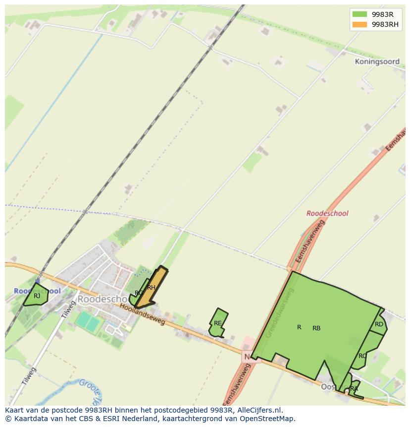 Afbeelding van het postcodegebied 9983 RH op de kaart.