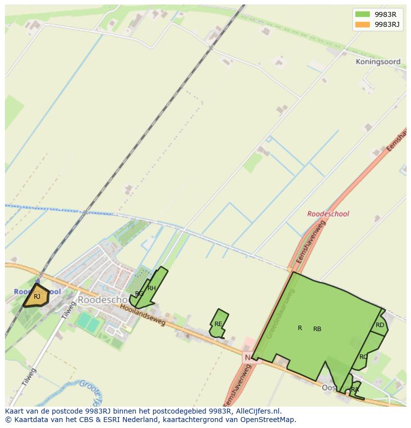 Afbeelding van het postcodegebied 9983 RJ op de kaart.