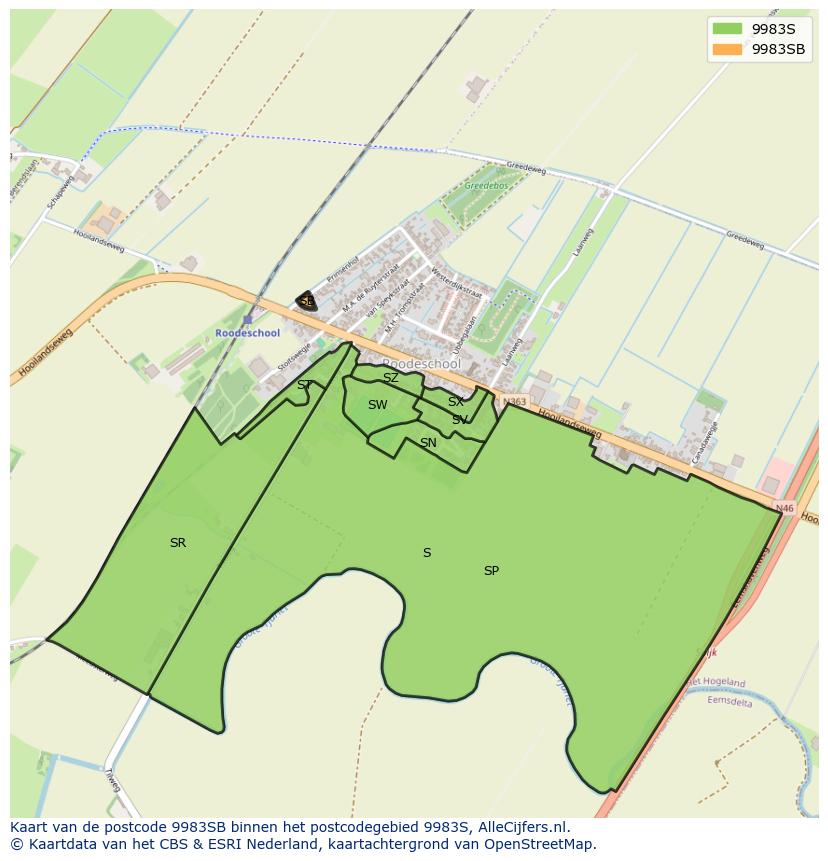 Afbeelding van het postcodegebied 9983 SB op de kaart.