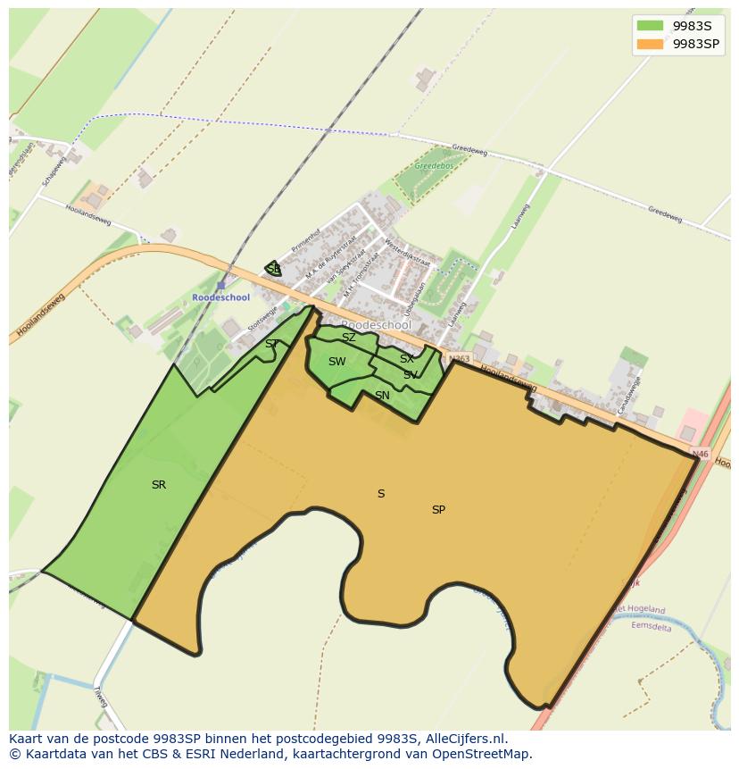 Afbeelding van het postcodegebied 9983 SP op de kaart.