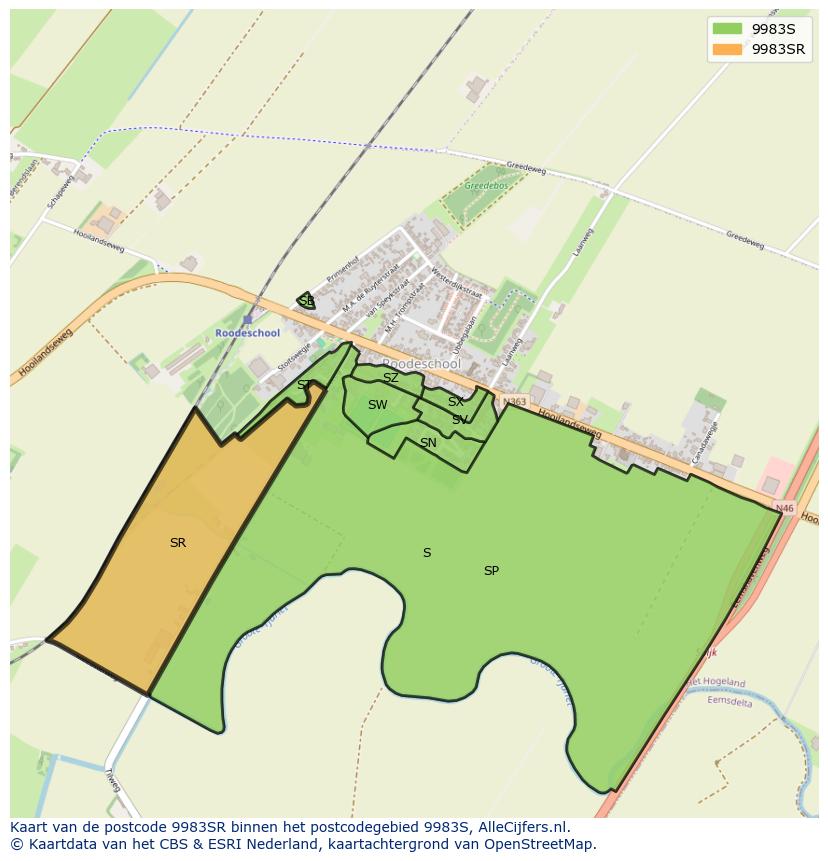 Afbeelding van het postcodegebied 9983 SR op de kaart.
