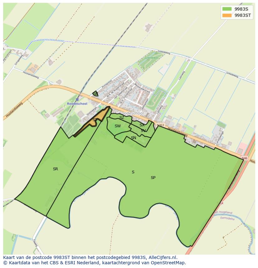 Afbeelding van het postcodegebied 9983 ST op de kaart.
