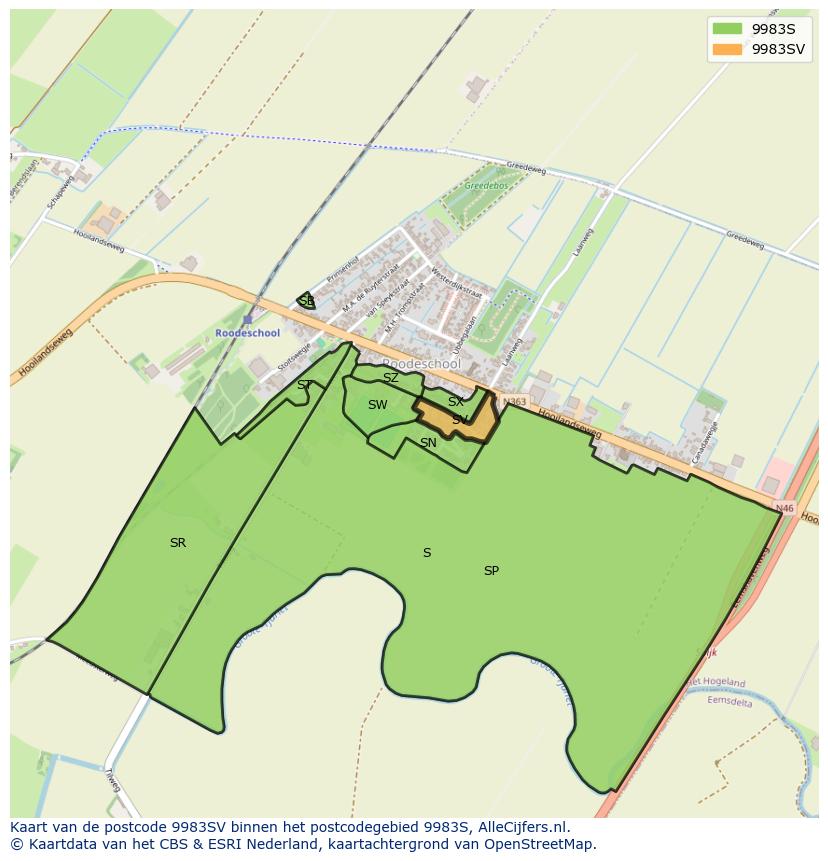Afbeelding van het postcodegebied 9983 SV op de kaart.