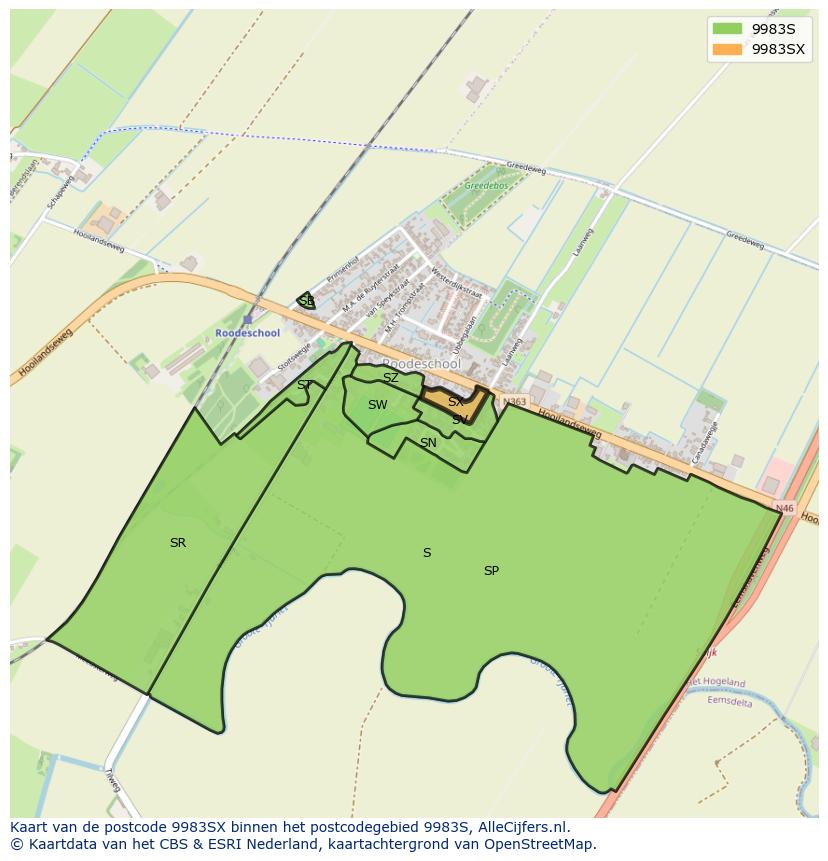 Afbeelding van het postcodegebied 9983 SX op de kaart.