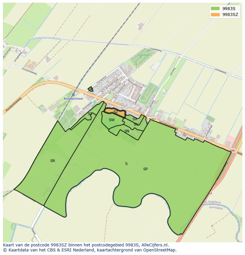 Afbeelding van het postcodegebied 9983 SZ op de kaart.