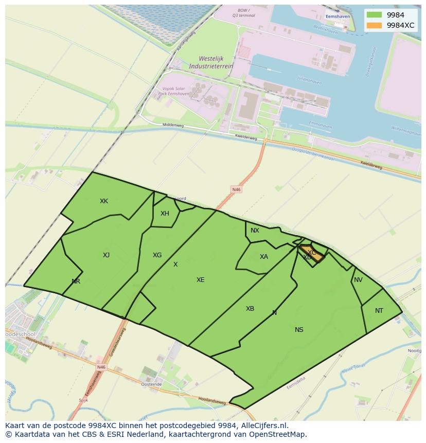 Afbeelding van het postcodegebied 9984 XC op de kaart.