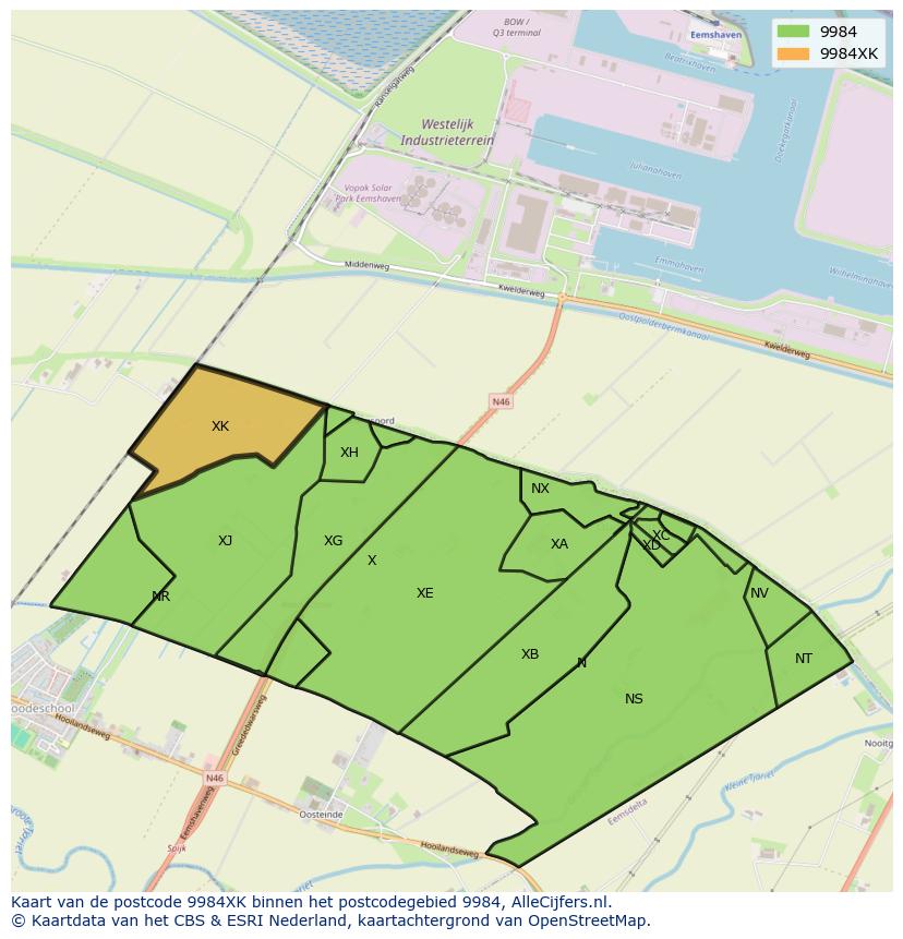 Afbeelding van het postcodegebied 9984 XK op de kaart.