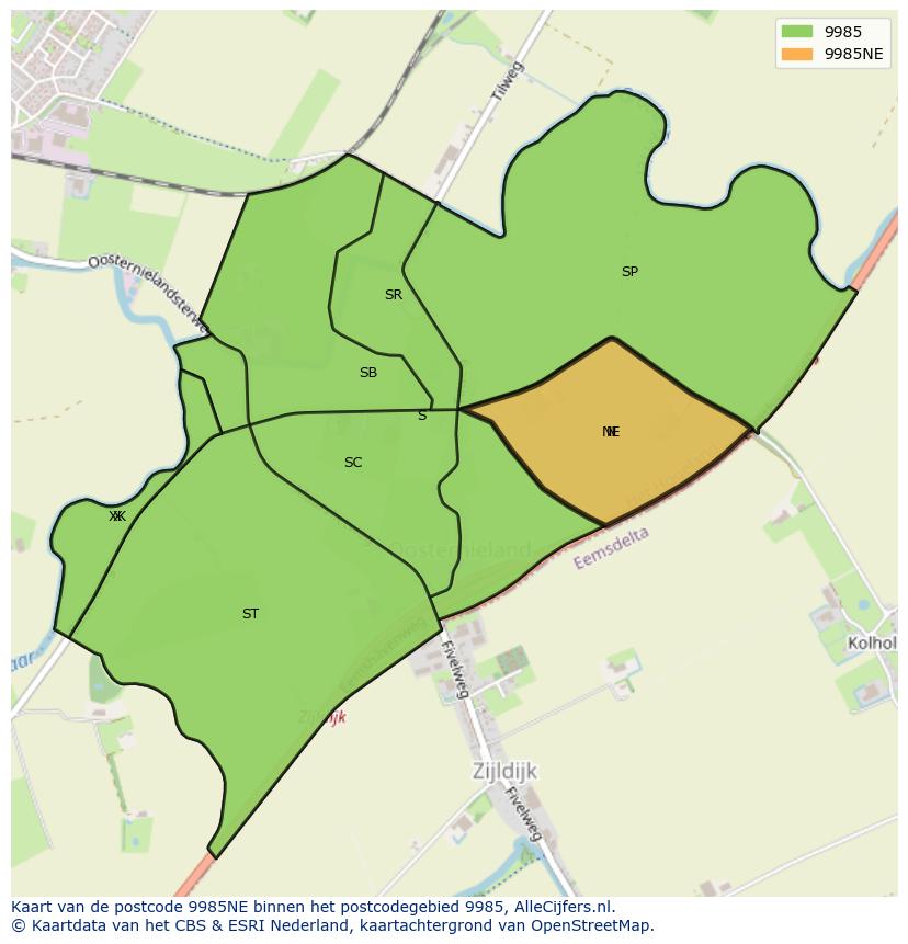 Afbeelding van het postcodegebied 9985 NE op de kaart.