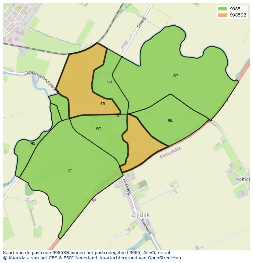Afbeelding van het postcodegebied 9985 SB op de kaart.