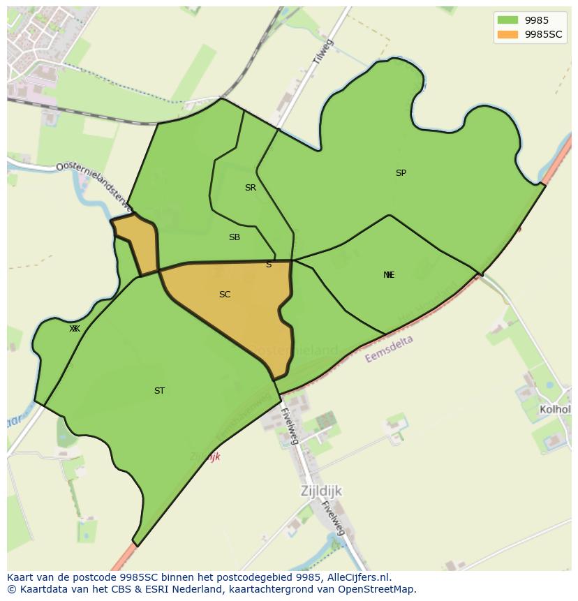 Afbeelding van het postcodegebied 9985 SC op de kaart.