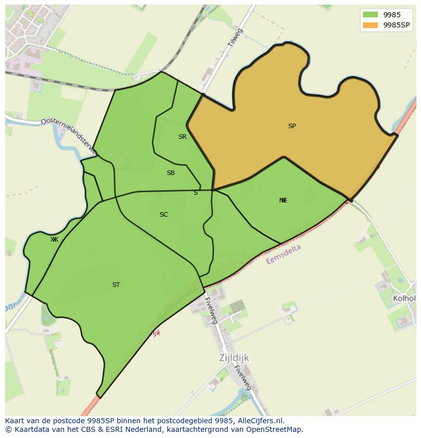 Afbeelding van het postcodegebied 9985 SP op de kaart.