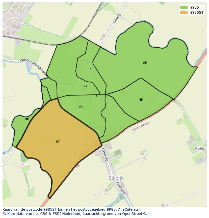 Afbeelding van het postcodegebied 9985 ST op de kaart.