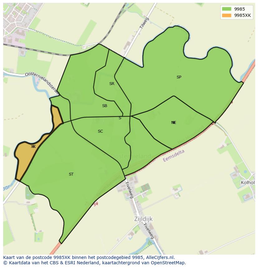 Afbeelding van het postcodegebied 9985 XK op de kaart.