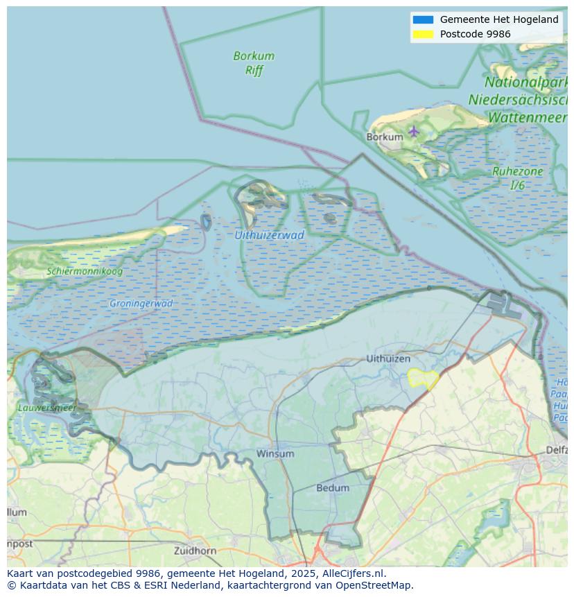 Afbeelding van het postcodegebied 9986 op de kaart.