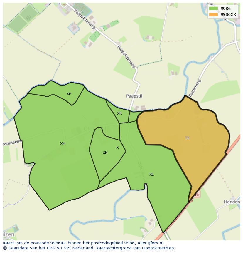 Afbeelding van het postcodegebied 9986 XK op de kaart.