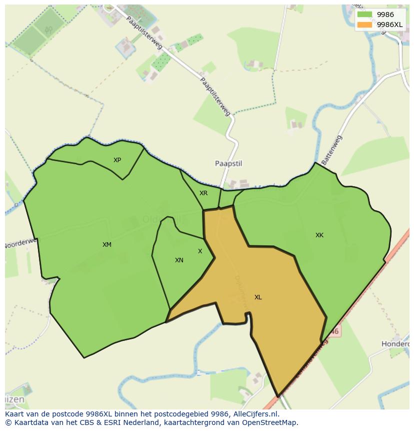 Afbeelding van het postcodegebied 9986 XL op de kaart.