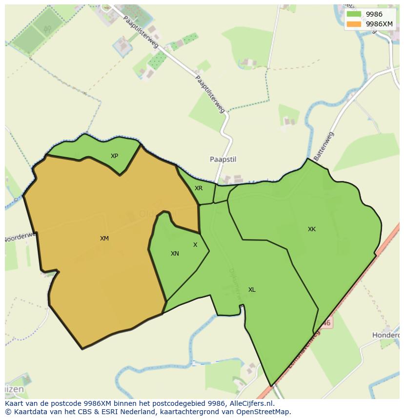 Afbeelding van het postcodegebied 9986 XM op de kaart.