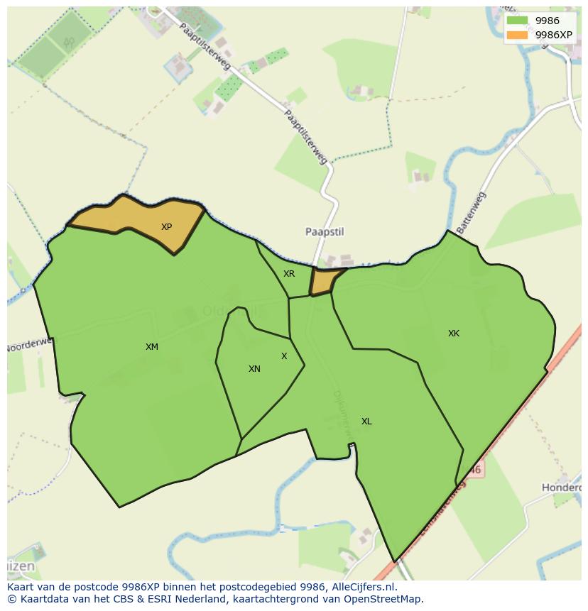 Afbeelding van het postcodegebied 9986 XP op de kaart.