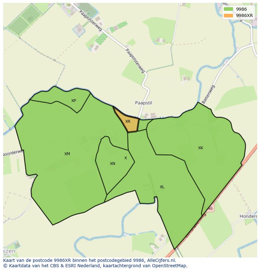 Afbeelding van het postcodegebied 9986 XR op de kaart.