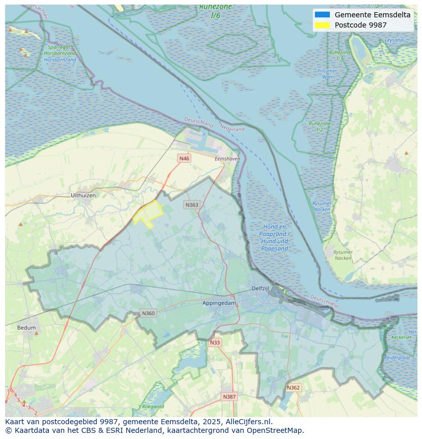Afbeelding van het postcodegebied 9987 op de kaart.
