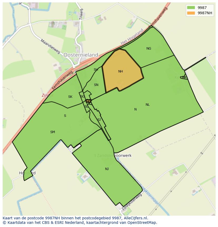 Afbeelding van het postcodegebied 9987 NH op de kaart.