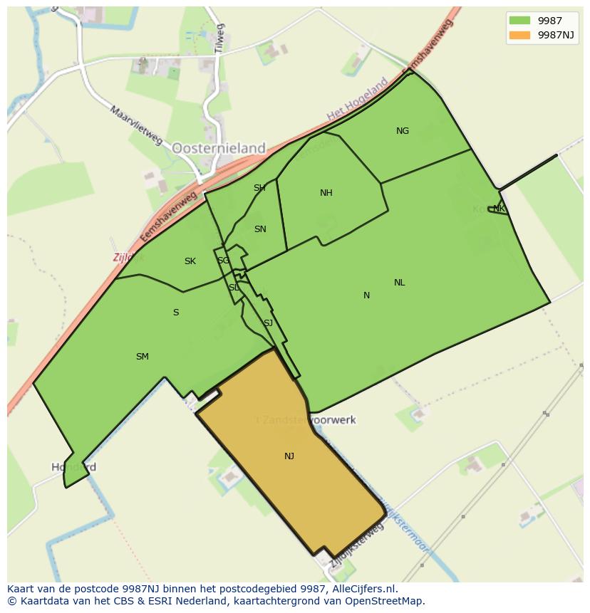 Afbeelding van het postcodegebied 9987 NJ op de kaart.