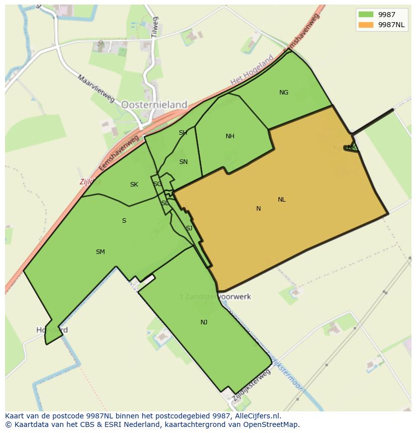 Afbeelding van het postcodegebied 9987 NL op de kaart.