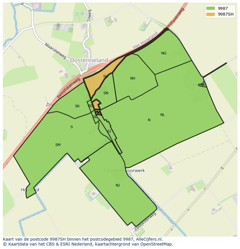 Afbeelding van het postcodegebied 9987 SH op de kaart.