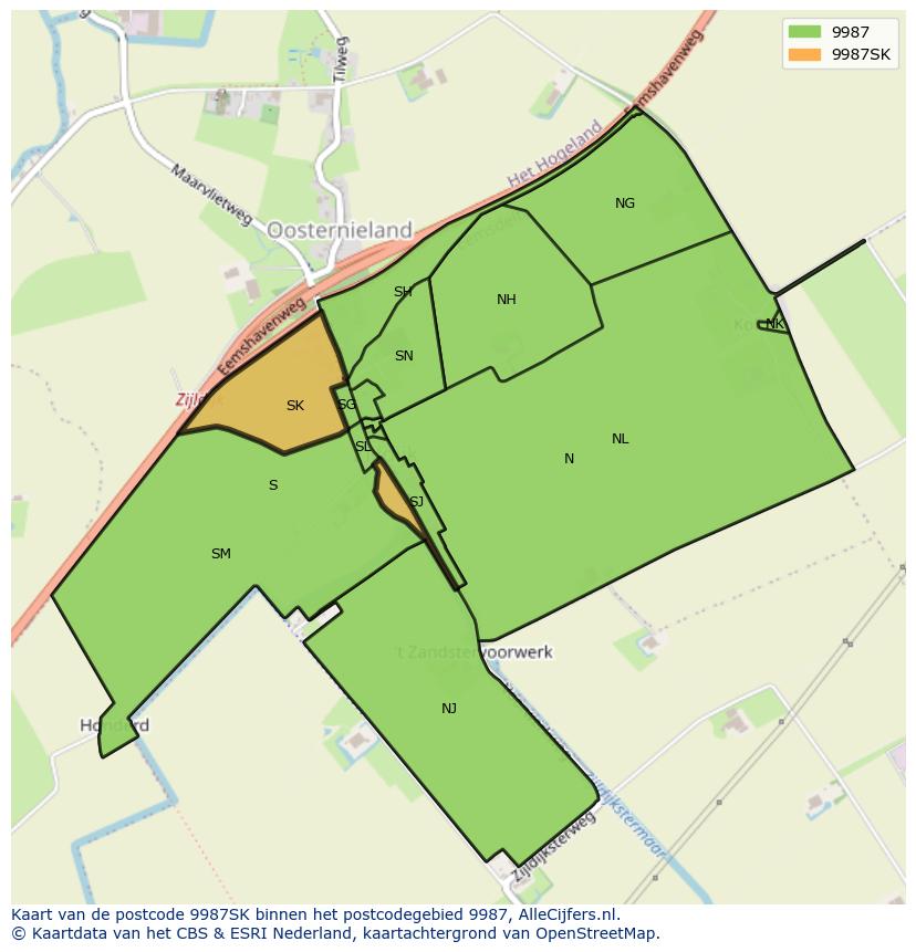 Afbeelding van het postcodegebied 9987 SK op de kaart.