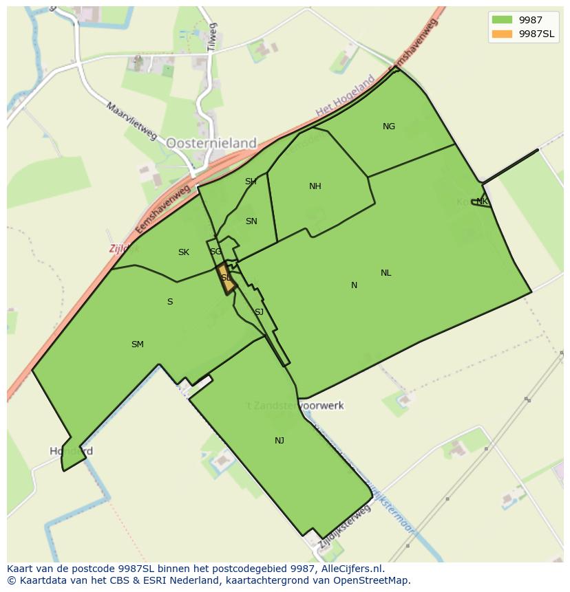 Afbeelding van het postcodegebied 9987 SL op de kaart.