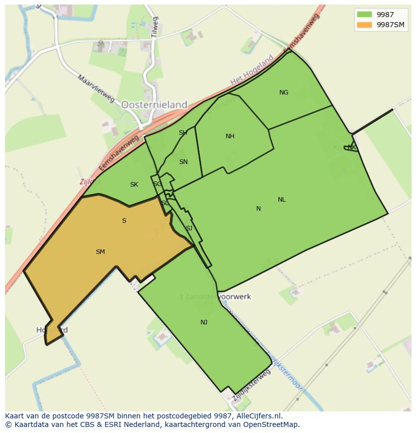 Afbeelding van het postcodegebied 9987 SM op de kaart.