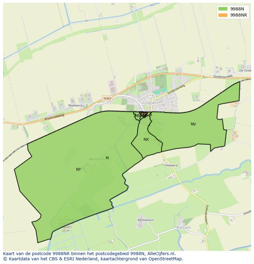 Afbeelding van het postcodegebied 9988 NR op de kaart.