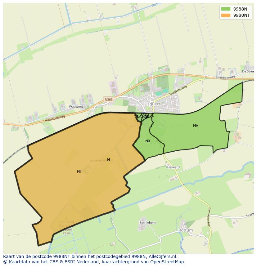 Afbeelding van het postcodegebied 9988 NT op de kaart.