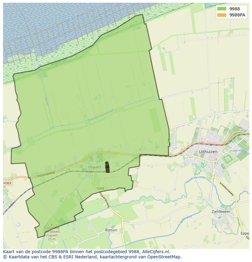 Afbeelding van het postcodegebied 9988 PA op de kaart.
