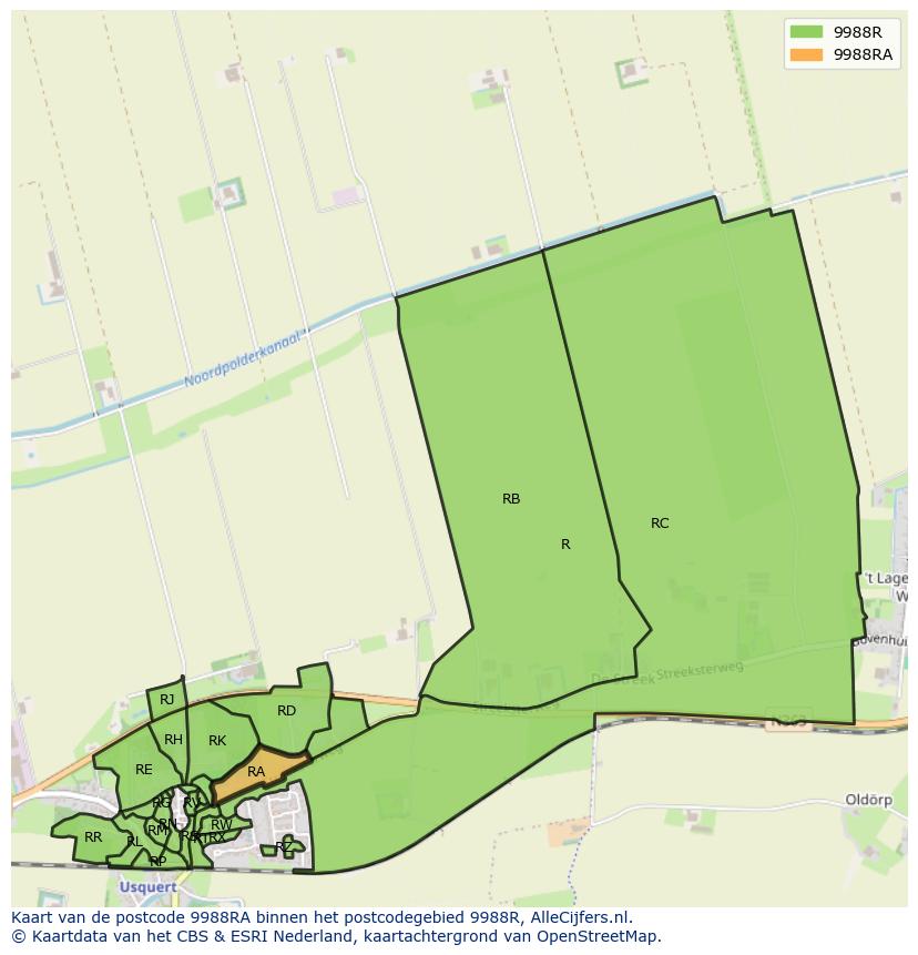 Afbeelding van het postcodegebied 9988 RA op de kaart.