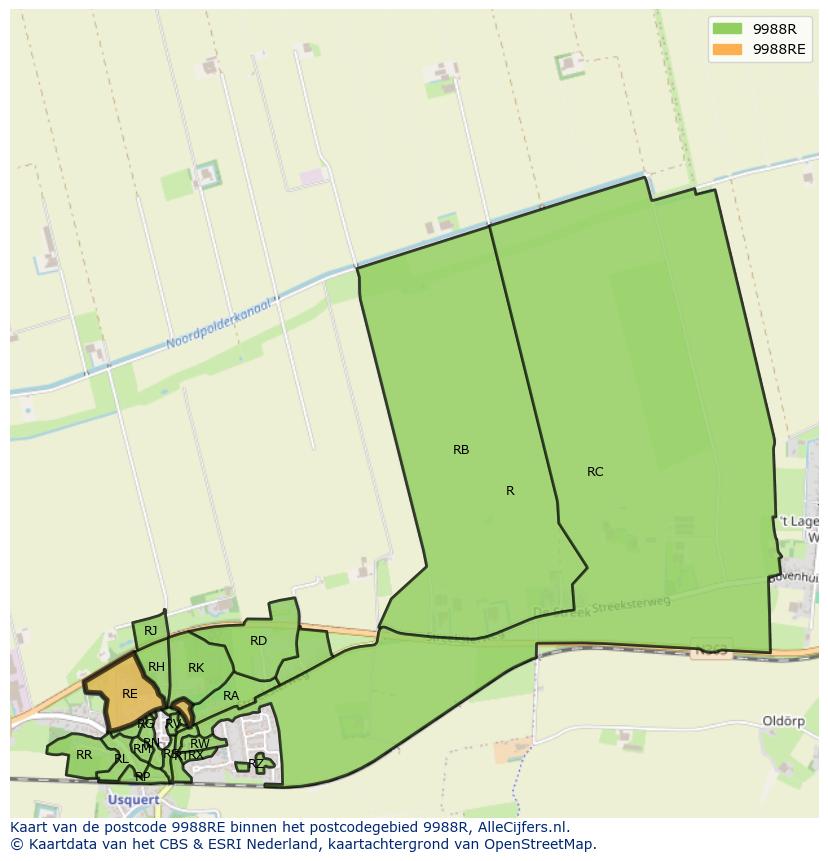 Afbeelding van het postcodegebied 9988 RE op de kaart.