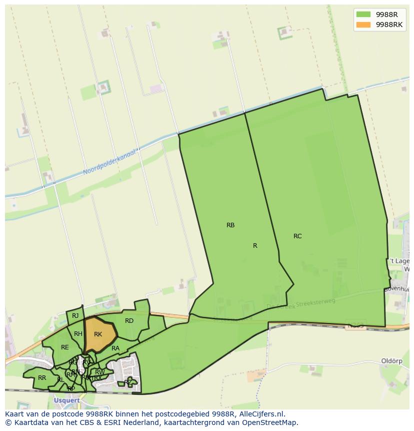 Afbeelding van het postcodegebied 9988 RK op de kaart.