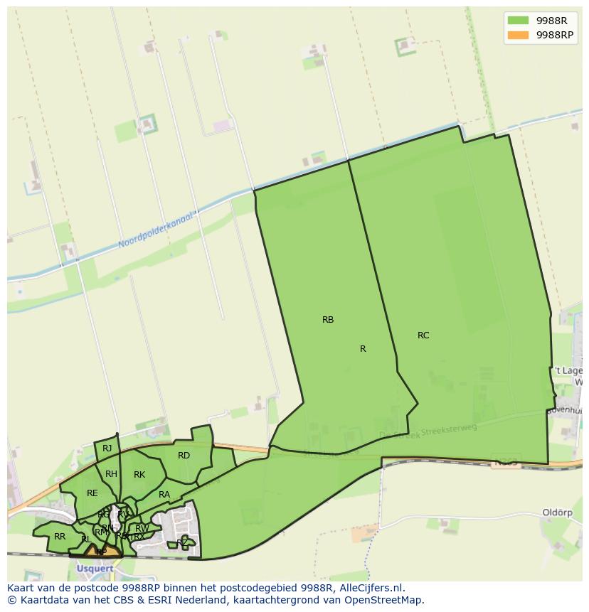 Afbeelding van het postcodegebied 9988 RP op de kaart.