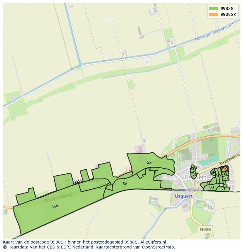 Afbeelding van het postcodegebied 9988 SK op de kaart.