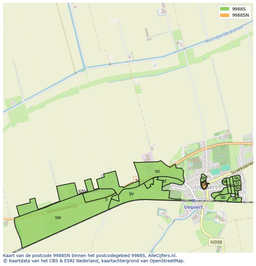 Afbeelding van het postcodegebied 9988 SN op de kaart.