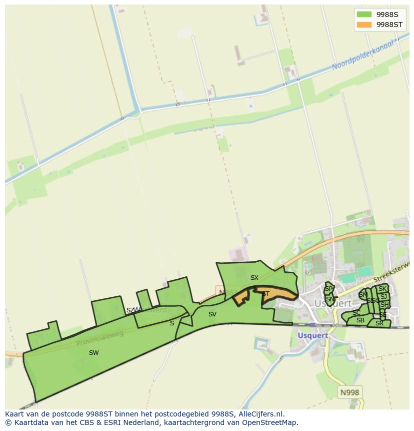 Afbeelding van het postcodegebied 9988 ST op de kaart.