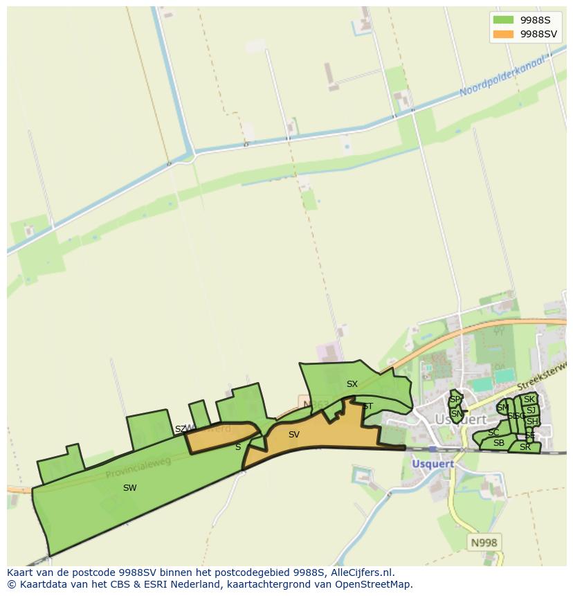 Afbeelding van het postcodegebied 9988 SV op de kaart.