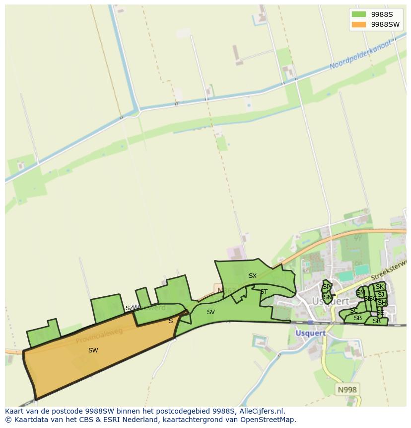 Afbeelding van het postcodegebied 9988 SW op de kaart.