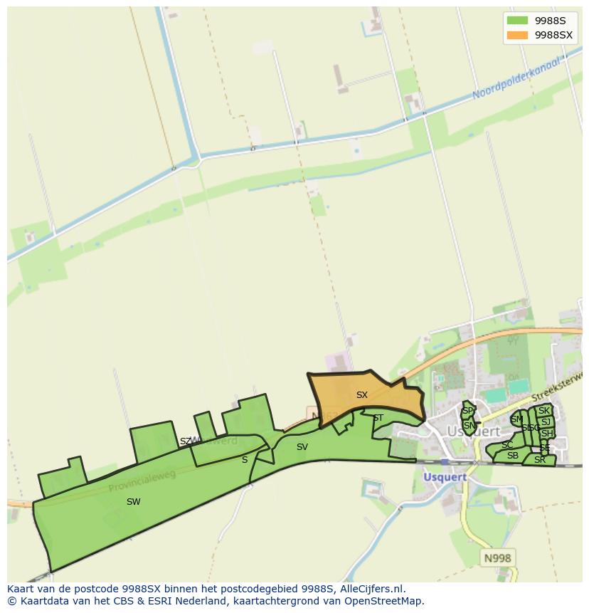 Afbeelding van het postcodegebied 9988 SX op de kaart.