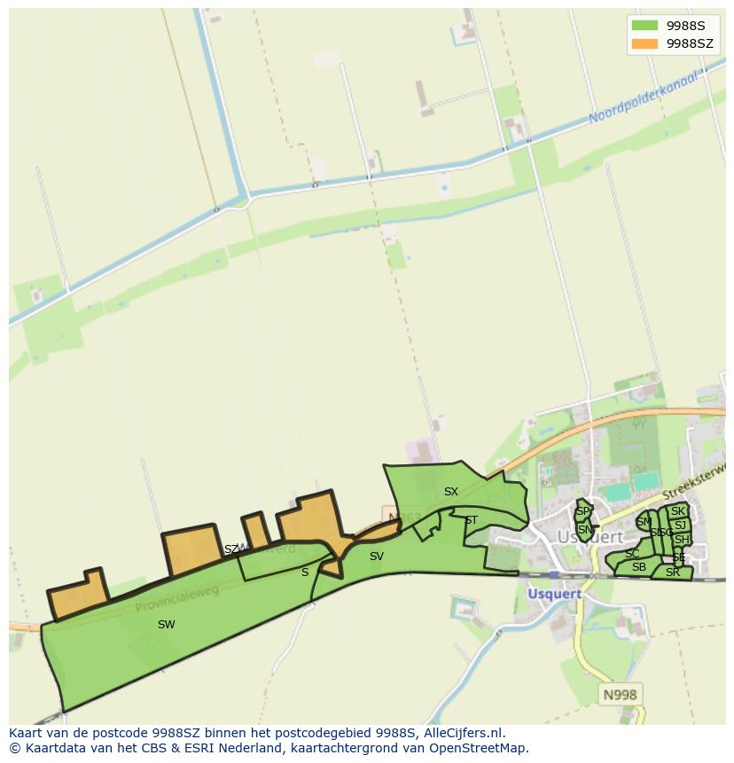 Afbeelding van het postcodegebied 9988 SZ op de kaart.