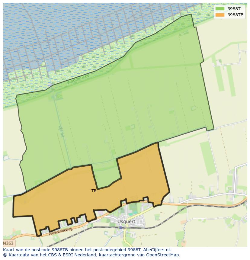 Afbeelding van het postcodegebied 9988 TB op de kaart.