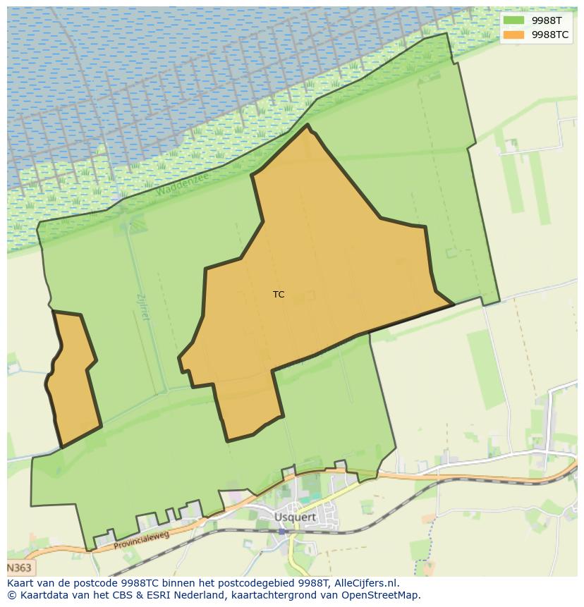 Afbeelding van het postcodegebied 9988 TC op de kaart.