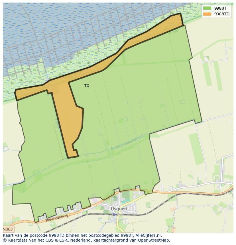 Afbeelding van het postcodegebied 9988 TD op de kaart.