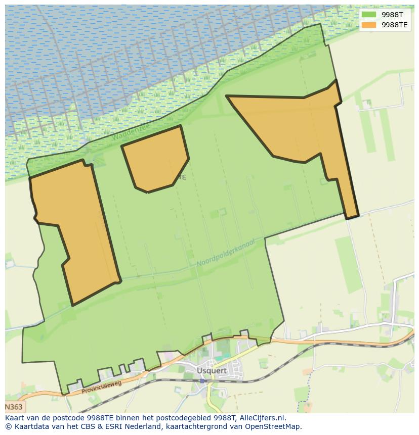 Afbeelding van het postcodegebied 9988 TE op de kaart.
