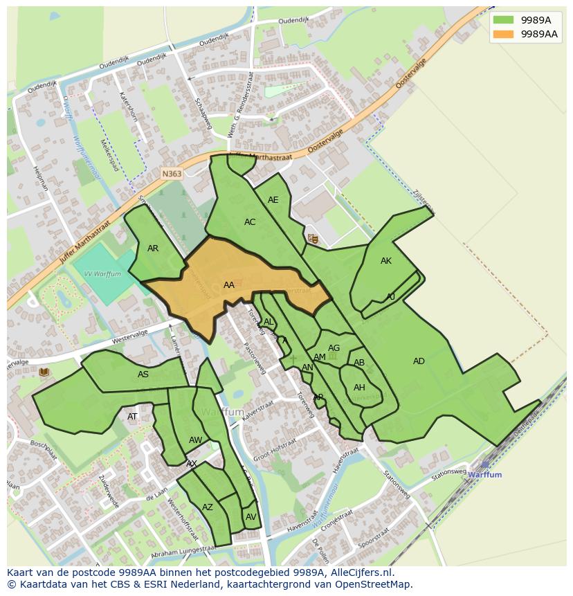 Afbeelding van het postcodegebied 9989 AA op de kaart.